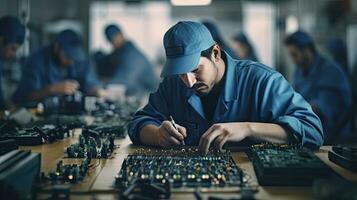 une Masculin électronique usine ouvrier assemblage les smartphones avec Tournevis. haute technologie usine établissement avec plus des employés dans le Contexte. génératif ai photo