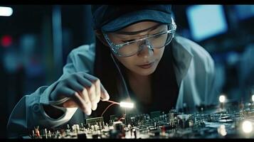 une femme est en utilisant pince à assembler imprimé circuit planche pour téléphone intelligent. électronique usine ouvriers dans une haute technologie usine facilité. génératif ai photo