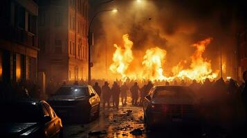 révolutionnaire émeutes et protestations. brûlant bâtiment et voitures dans le ville. spécial Obliger police avec équipement contagieux manifestants dans le nuit. génératif ai photo