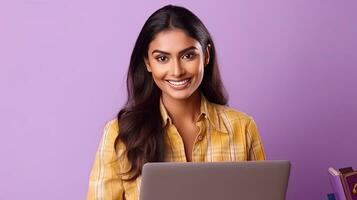 une content Indien femme avec portable ordinateur travail ou en train d'étudier en ligne sur lilas Contexte. génératif ai photo