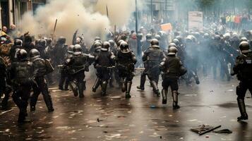 manifestants affronté avec émeute police pendant une manifestation dans le annuel mai journée. génératif ai photo
