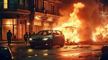 révolutionnaire émeutes et protestations. brûlant bâtiment et voitures dans le ville. spécial Obliger police avec équipement contagieux manifestants dans le nuit. génératif ai photo