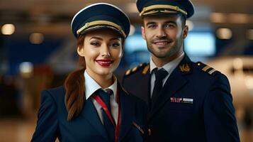 Compagnie aérienne entreprise, avion de ligne pilote et air hôtesse permanent dans aéroport Terminal et à la recherche caméra avec sourire affronter. emploi et carrière dans air transport concept. génératif ai photo