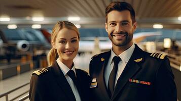 Compagnie aérienne entreprise, avion de ligne pilote et air hôtesse permanent dans aéroport Terminal et à la recherche caméra avec sourire affronter. emploi et carrière dans air transport concept. génératif ai photo