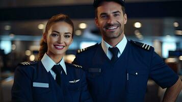 Compagnie aérienne entreprise, avion de ligne pilote et air hôtesse permanent dans aéroport Terminal et à la recherche caméra avec sourire affronter. emploi et carrière dans air transport concept. génératif ai photo