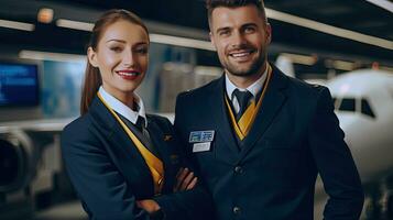 Compagnie aérienne entreprise, avion de ligne pilote et air hôtesse permanent dans aéroport Terminal et à la recherche caméra avec sourire affronter. emploi et carrière dans air transport concept. génératif ai photo