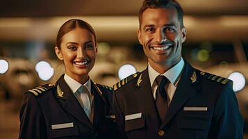 Compagnie aérienne entreprise, avion de ligne pilote et air hôtesse permanent dans aéroport Terminal et à la recherche caméra avec sourire affronter. emploi et carrière dans air transport concept. génératif ai photo