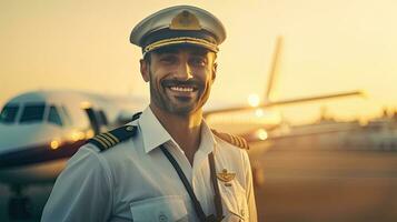 de bonne humeur les pilotes, une Jeune homme Compagnie aérienne ouvrier émouvant capitaine chapeau et souriant tandis que permanent dans aérodrome avec avion sur Contexte. génératif ai photo