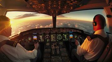 pilotes mouche le avion. vue de le cockpit de une moderne passager avion sur le des nuages derrière le avion la fenêtre. génératif ai photo