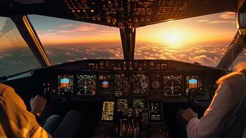 pilotes mouche le avion. vue de le cockpit de une moderne passager avion sur le des nuages derrière le avion la fenêtre. génératif ai photo