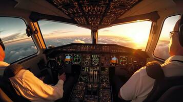 pilotes mouche le avion. vue de le cockpit de une moderne passager avion sur le des nuages derrière le avion la fenêtre. génératif ai photo