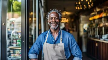 portrait de content africain américain homme permanent à porte de sa magasin. de bonne humeur mature serveuse attendre pour clients à café magasin. petit affaires propriétaire. génératif ai photo