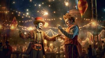 nuit rue cirque performance brin deux clowns, jongleur. Festival ville Contexte. feux d'artifice et fête atmosphère. photo