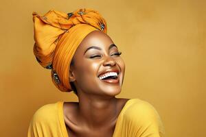 africain américain femme, souriant africain américain Jeune femme dans décontractée Vêtements avec traditionnel turban à Accueil en riant à beige studio Contexte. génératif ai photo