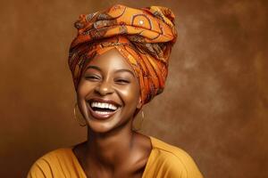 africain américain femme, souriant africain américain Jeune femme dans décontractée Vêtements avec traditionnel turban à Accueil en riant à beige studio Contexte. génératif ai photo