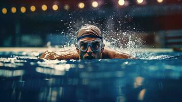 professionnel nageur, nager course, intérieur bassin. génératif ai photo