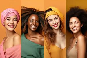 la diversité et variété concept. Créatif composite collage séries de optimiste multiculturel femmes souriant sur coloré studio arrière-plans. photo du visage portraits de multiracial Dames. génératif ai