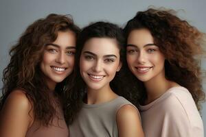 portrait de Trois magnifique joyeux multiracial femmes permanent ensemble et souriant à caméra isolé plus de blanc Contexte. génératif ai photo