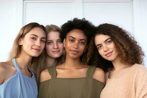 portrait de Jeune multiracial femmes permanent ensemble et souriant à caméra isolé plus de blanc Contexte. génératif ai photo