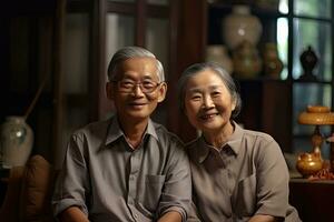 asiatique personnes âgées couple sentiment content souriant et à la recherche à caméra dans vivant pièce à maison. génératif ai photo