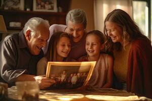 grands-parents, content gros famille avec leur petites filles et parents, Feuilleter famille photo albums et partager content souvenirs. famille recueillies dans le vivant chambre. génératif ai