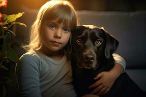 une enfant avec une Labrador à maison. génératif ai photo