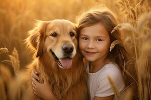 une peu fille étreindre d'or chien dans le champ dans été journée ensemble. mignonne enfant avec chienchien animal de compagnie portrait à la nature dans le Matin. joyeux. génératif ai photo