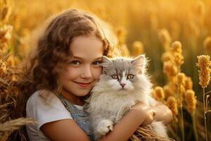 une peu fille avec une chat dans le champ dans été journée ensemble. mignonne enfant avec chienchien animal de compagnie portrait à la nature dans le Matin. joyeux. génératif ai photo