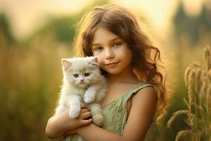 une peu fille avec une chat dans le champ dans été journée ensemble. mignonne enfant avec chienchien animal de compagnie portrait à la nature dans le Matin. joyeux. génératif ai photo