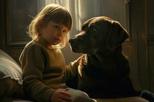 une enfant avec une Labrador à maison. génératif ai photo
