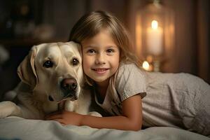 de bonne humeur de une enfant avec une Labrador à maison. génératif ai photo