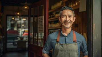 asiatique Masculin petit affaires propriétaire souriant à de face porte avec bras plié. génératif ai photo