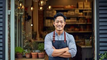 asiatique Masculin petit affaires propriétaire souriant à de face porte avec bras plié. génératif ai photo