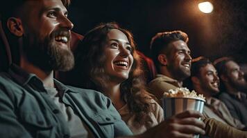 groupe de de bonne humeur gens en riant tandis que en train de regarder film dans cinéma. concept de des loisirs et divertissement. génératif ai photo