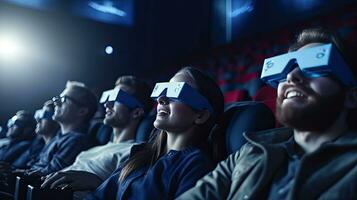 groupe de Jeune gens porter 3d des lunettes en train de regarder films dans cinéma. génératif ai photo