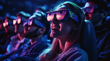 groupe de Jeune gens porter 3d des lunettes en train de regarder films dans cinéma. génératif ai photo
