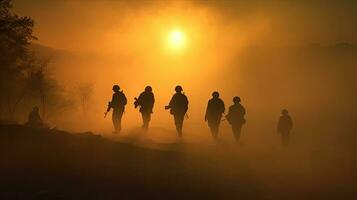 silhouettes de armée soldats dans le brouillard contre une le coucher du soleil. génératif ai photo
