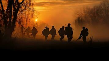 silhouettes de armée soldats dans le brouillard contre une le coucher du soleil. génératif ai photo