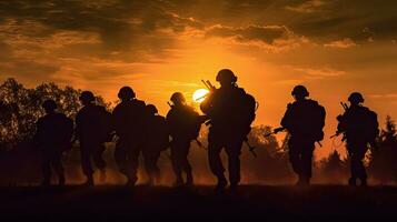 silhouettes de militaire sur le champ de bataille à le coucher du soleil. génératif ai photo