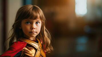 une mignonne fille dans super-héros costume. génératif ai photo