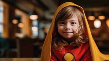 une mignonne fille dans super-héros costume. génératif ai photo