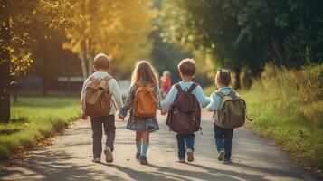 groupe de marrant Jeune les enfants en marchant ensemble dans amitié, sur leur premier journée de école, retour à école concept. génératif ai photo