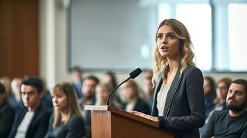 une sur de soi femelle exécutif magistralement livre une affaires présentation dans une salle de conférence, engageant sa public pendant un informatif atelier. connaissance transfert concept. génératif ai photo