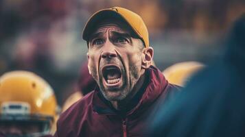 une Masculin de Football entraîneur, inspirant haute école Football entraîneur livrer une passionné discours, promouvoir direction et motivation à une captivé des sports équipe. génératif ai photo