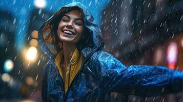 joyeux femme dansant dans le rue dans pluie manteau. génératif ai photo