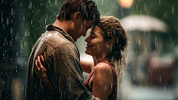 couple dans l'amour étreindre dans le pluie. romantique. génératif ai photo