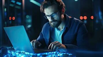 il ingénieur travaux sur une portable ordinateur. il Regardez à le caméra avec sourire. Les données protection ingénierie réseau pour cyber Sécurité dans gros nuage l'informatique serveur cultiver. génératif ai photo