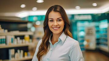 souriant portrait de une magnifique pharmacien dans une pharmacie magasin. génératif ai photo