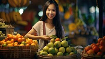 joyeux vendeur asiatique femme travail dans fruit magasin. génératif ai photo