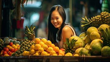 joyeux vendeur asiatique femme travail dans fruit magasin. génératif ai photo